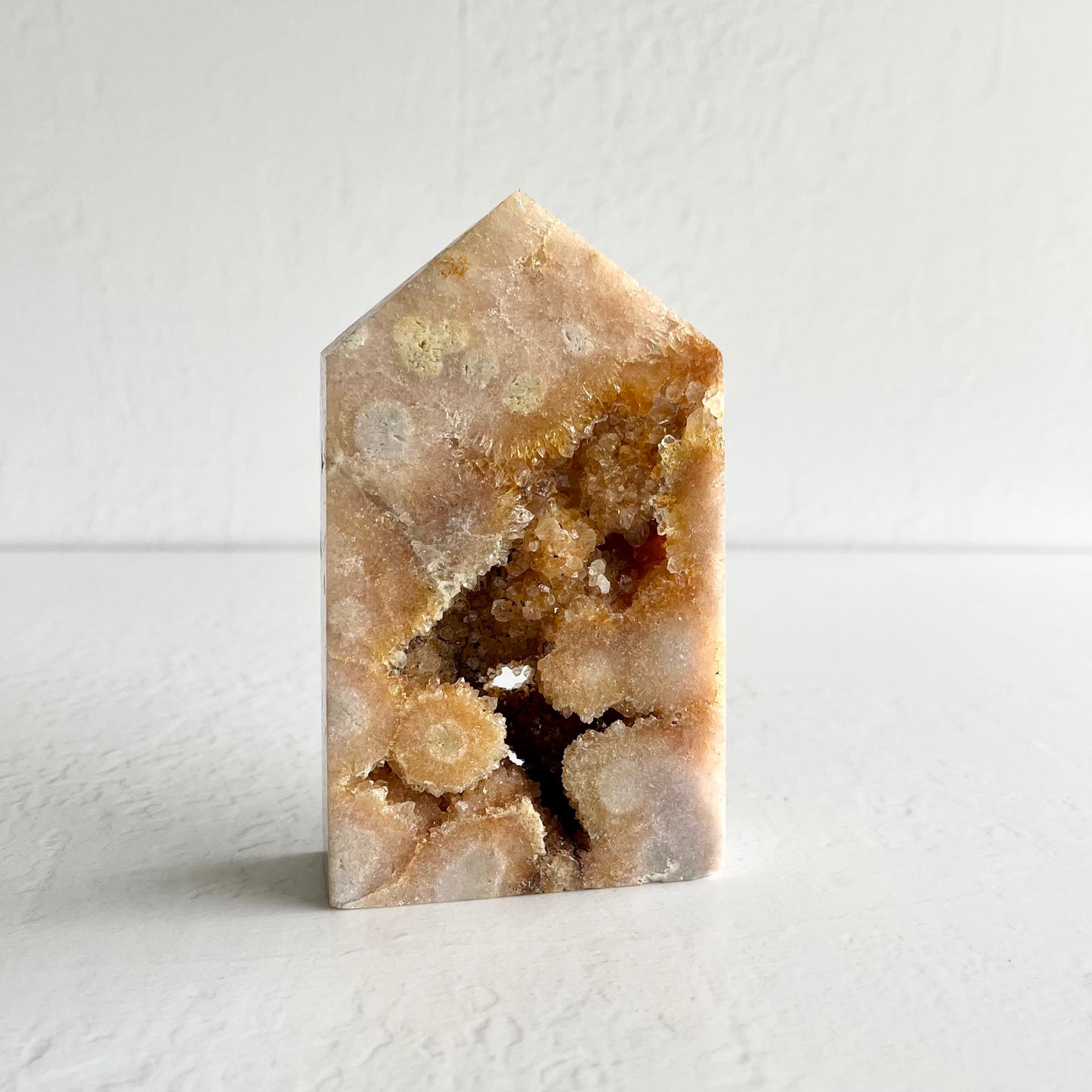 Pink Amethyst, Flower Agate & Citrine Hybrid Tower with druzys (highest quality) / 515g
