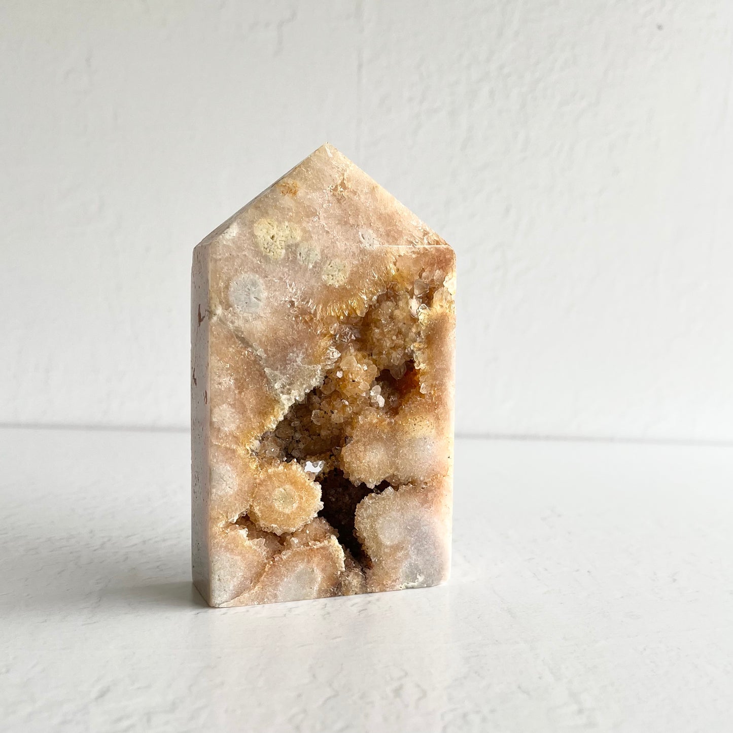 Pink Amethyst, Flower Agate & Citrine Hybrid Tower with druzys (highest quality) / 515g