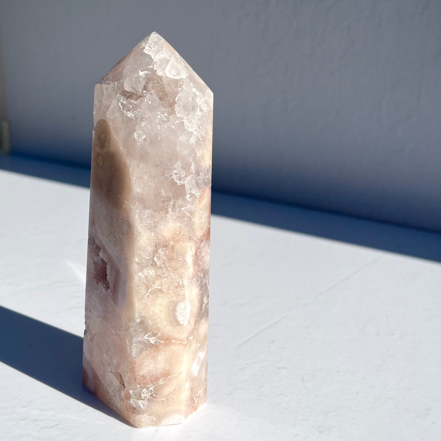 Pink (Sakura) Flower Agate Hexagon Point / 658g