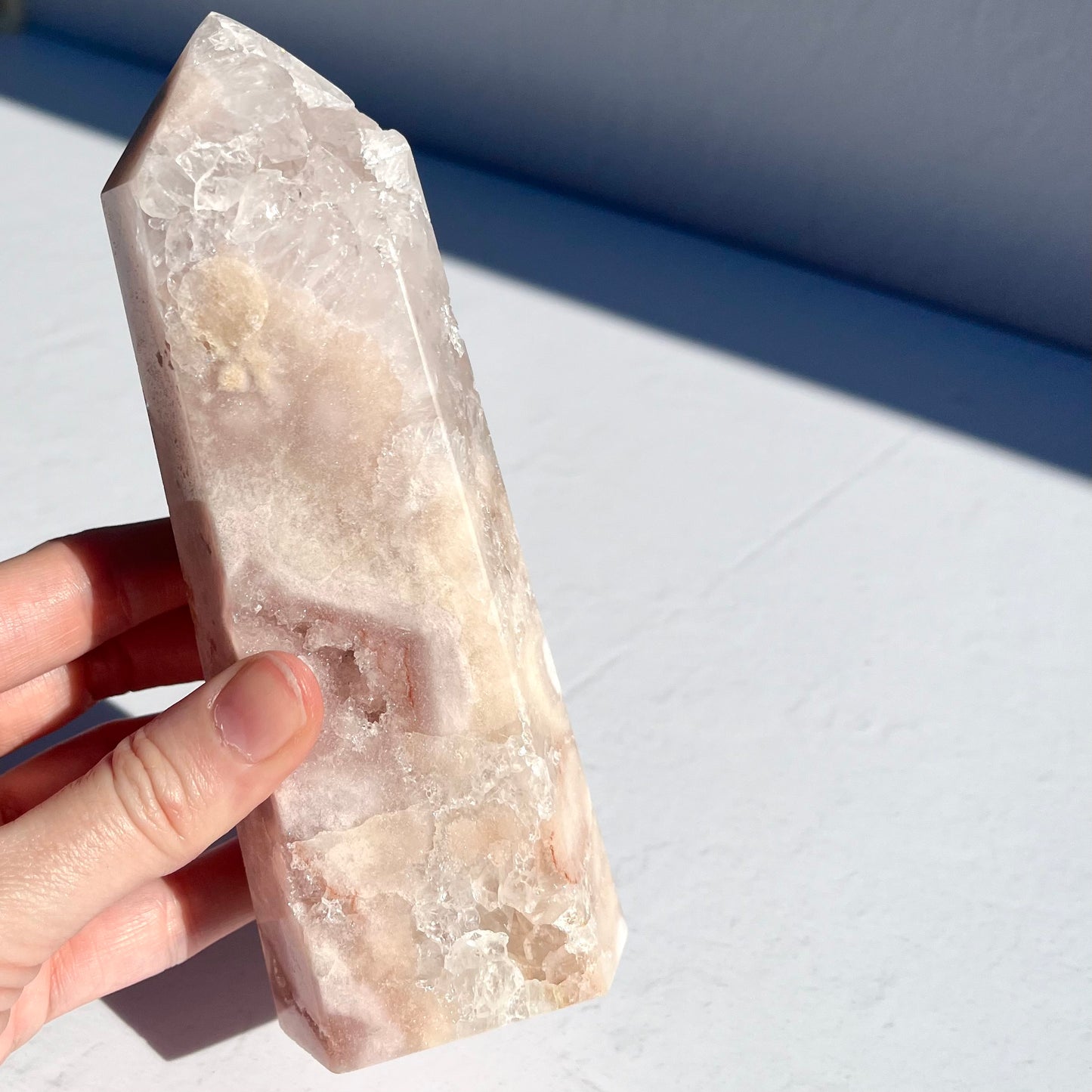 Pink (Sakura) Flower Agate Hexagon Point / 658g