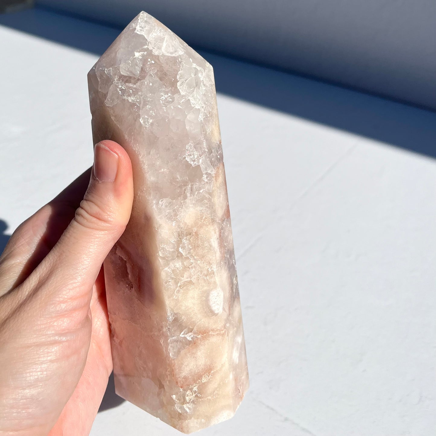Pink (Sakura) Flower Agate Hexagon Point / 658g