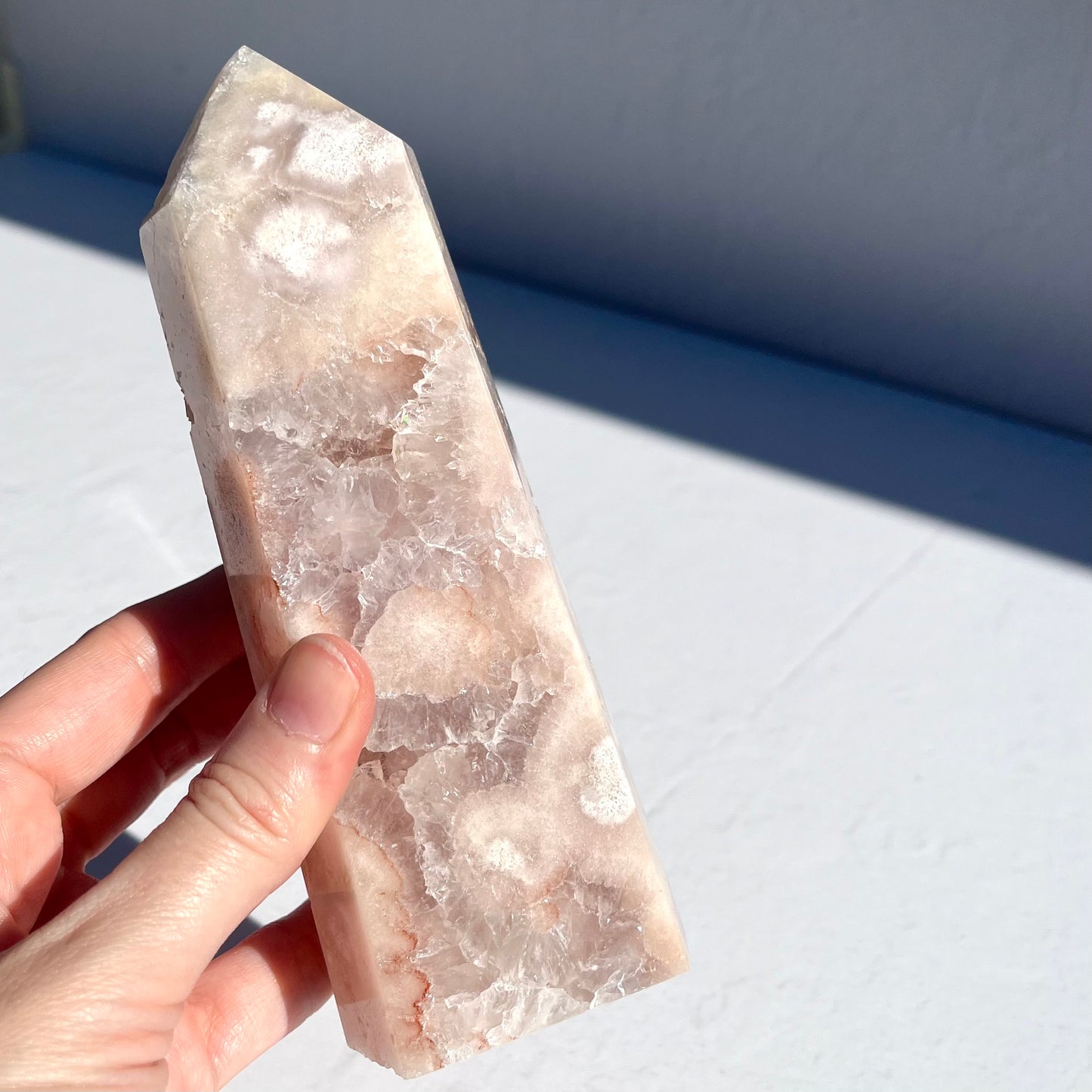 Pink (Sakura) Flower Agate Hexagon Point / 658g