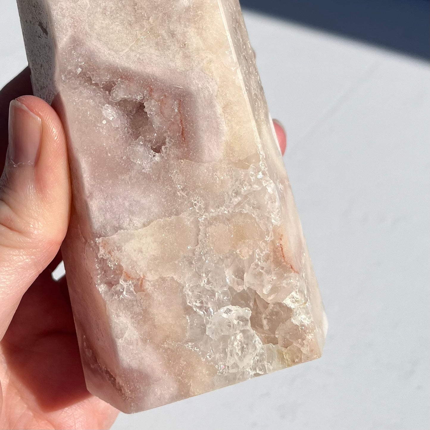 Pink (Sakura) Flower Agate Hexagon Point / 658g