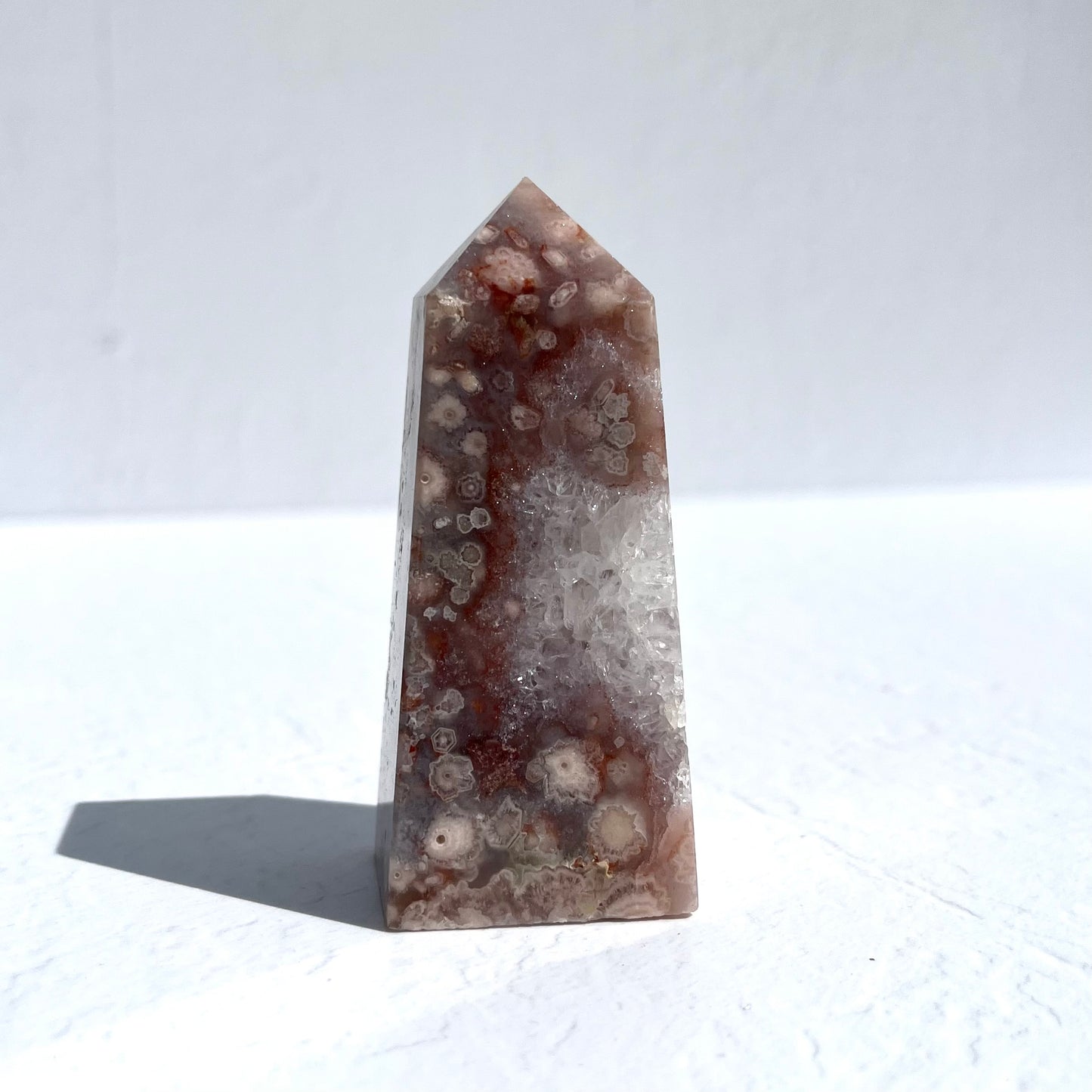 Pink (Sakura) Flower Agate Point with Quartz Druzy / 166g