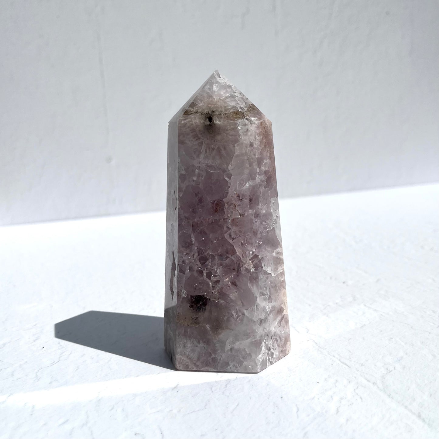 Pink (Sakura) Flower Agate Hexagon Point with Quartz / 591g
