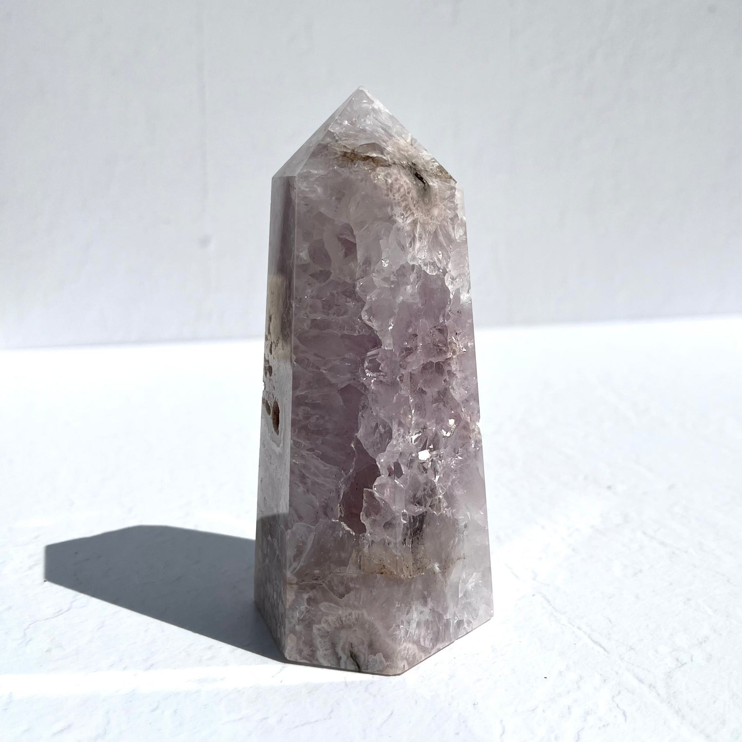 Pink (Sakura) Flower Agate Hexagon Point with Quartz / 591g