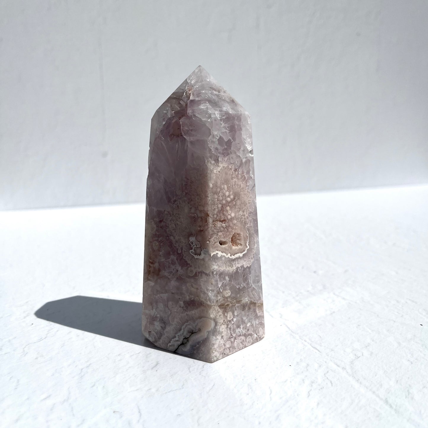 Pink (Sakura) Flower Agate Hexagon Point with Quartz / 591g