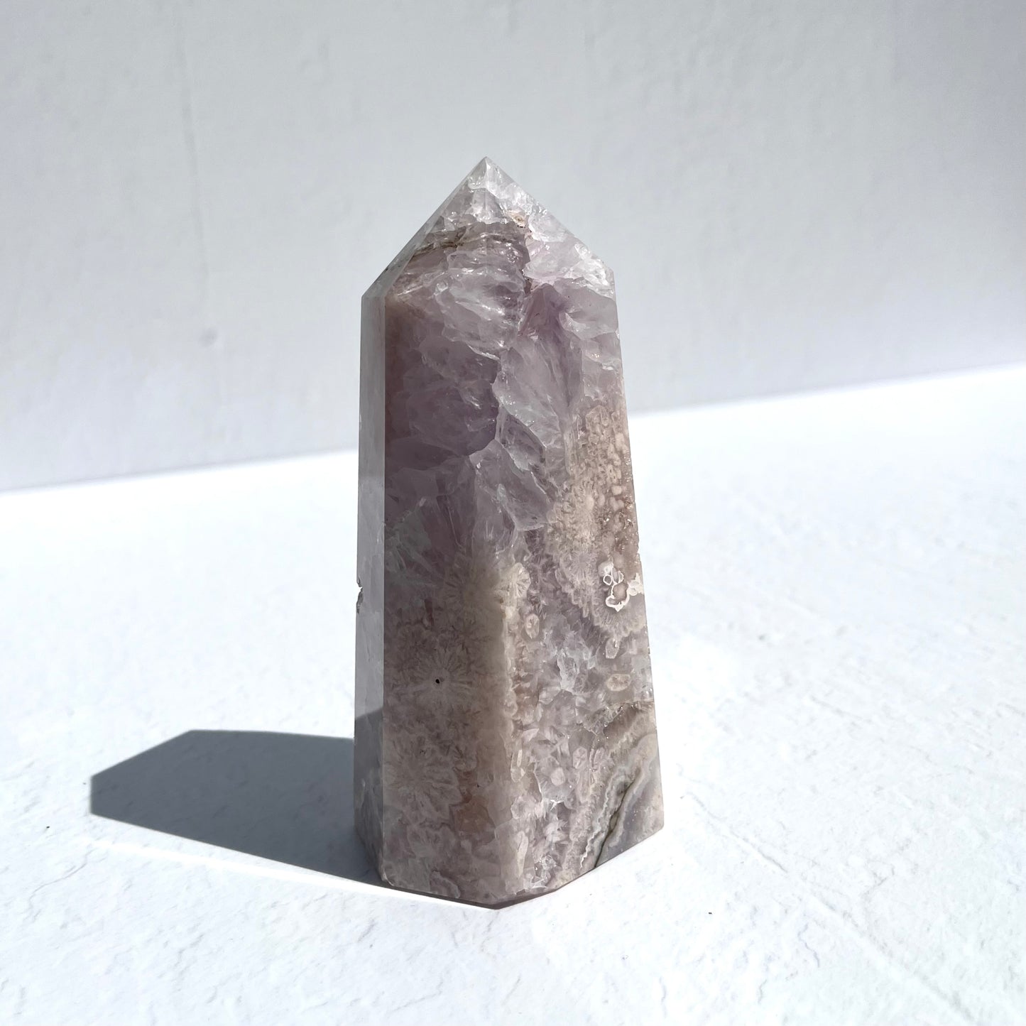 Pink (Sakura) Flower Agate Hexagon Point with Quartz / 591g