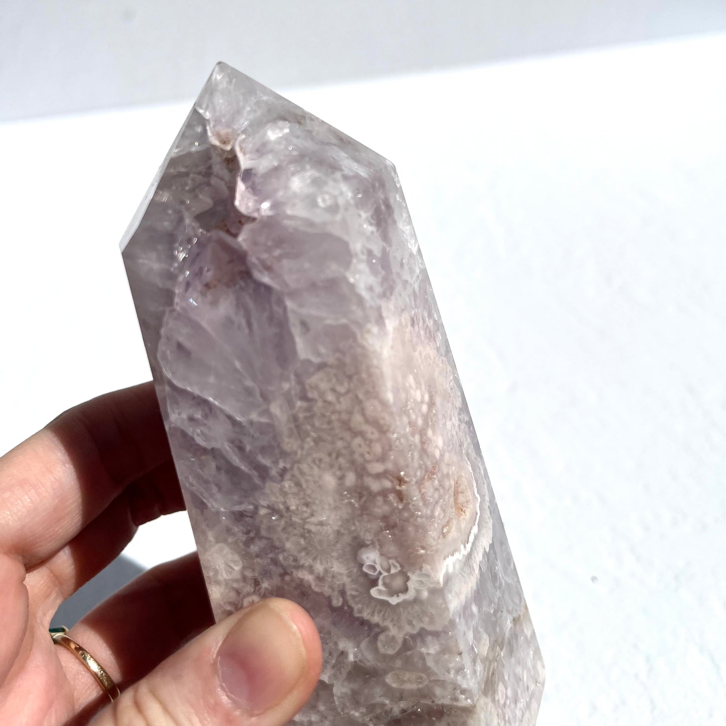 Pink (Sakura) Flower Agate Hexagon Point with Quartz / 591g
