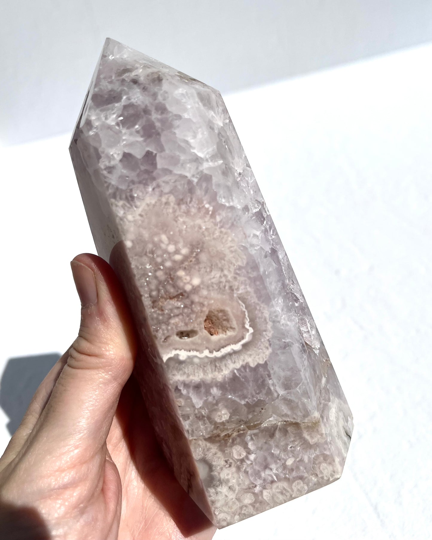Pink (Sakura) Flower Agate Hexagon Point with Quartz / 591g