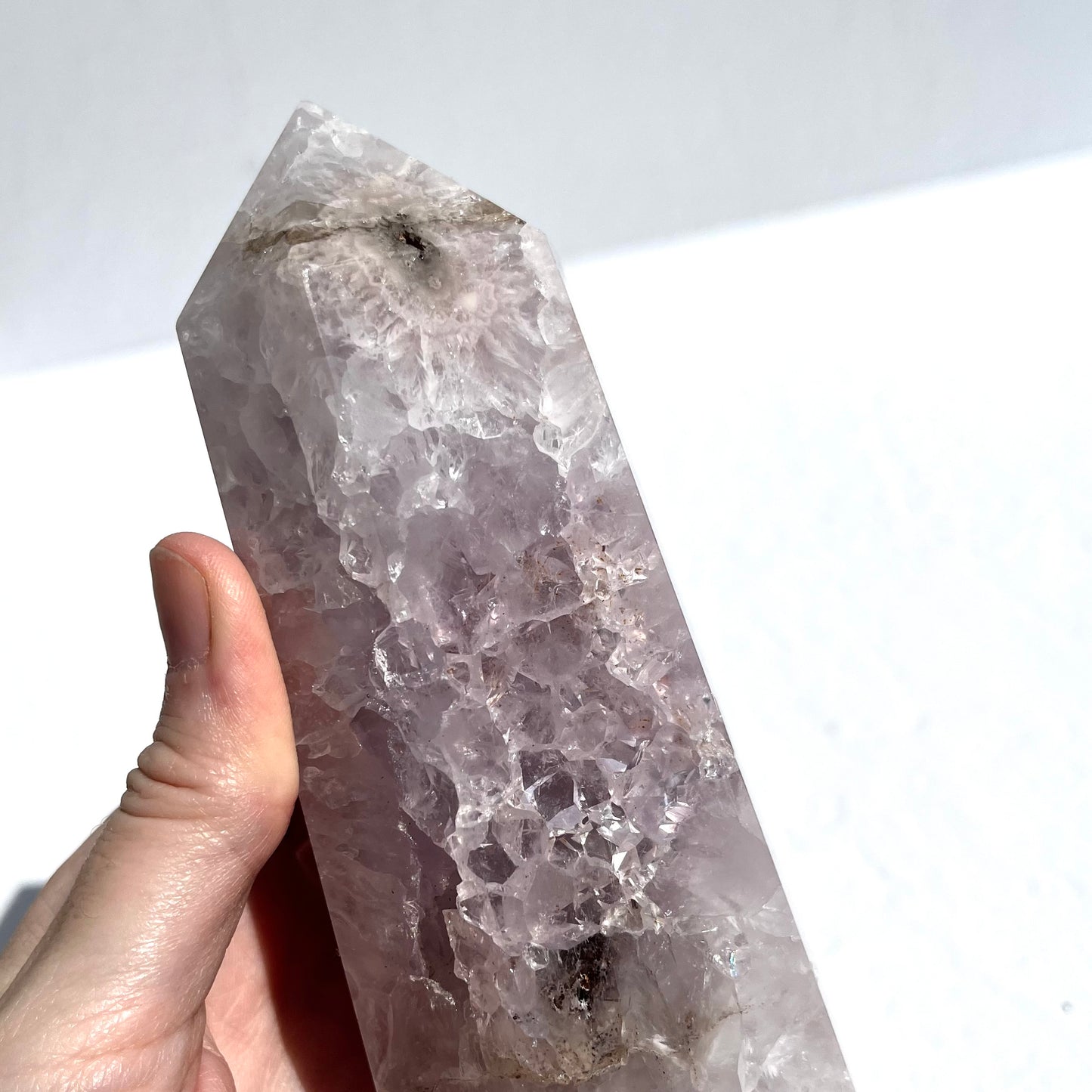 Pink (Sakura) Flower Agate Hexagon Point with Quartz / 591g