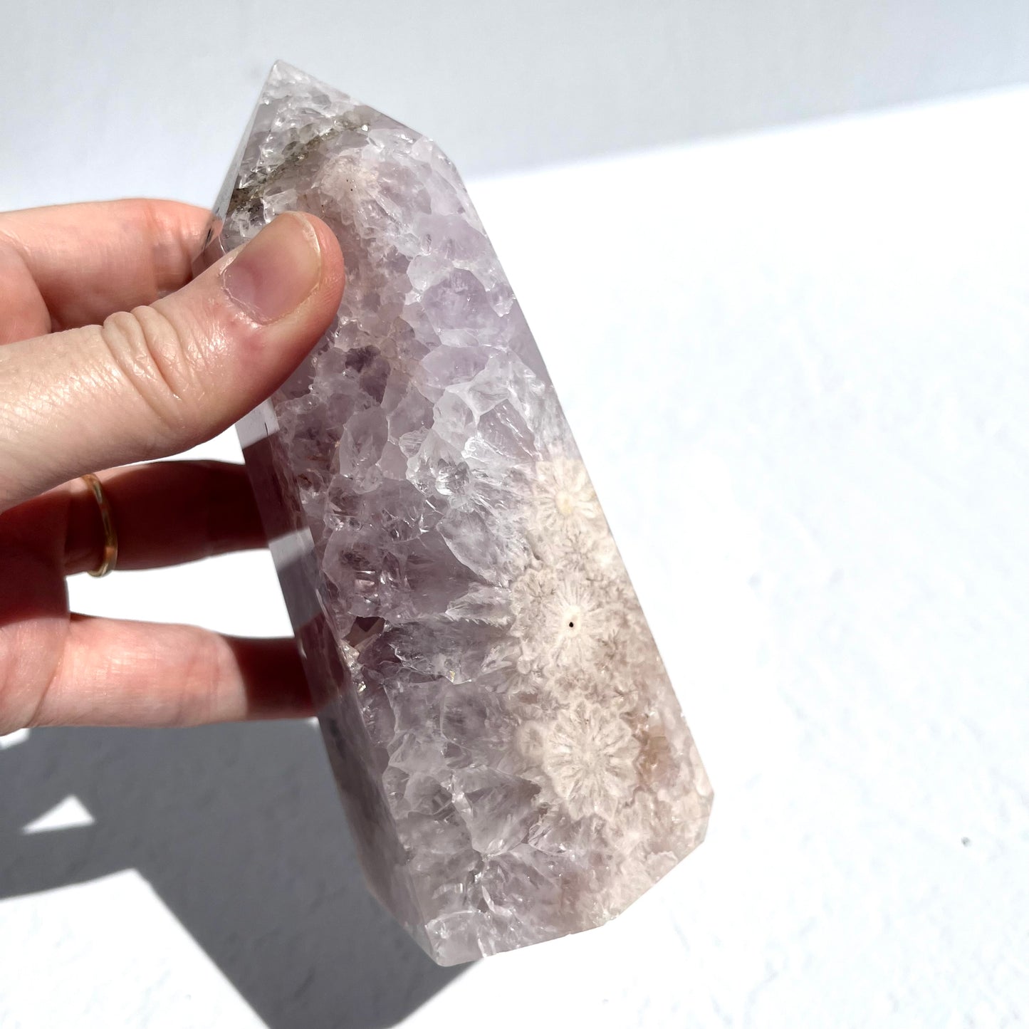 Pink (Sakura) Flower Agate Hexagon Point with Quartz / 591g