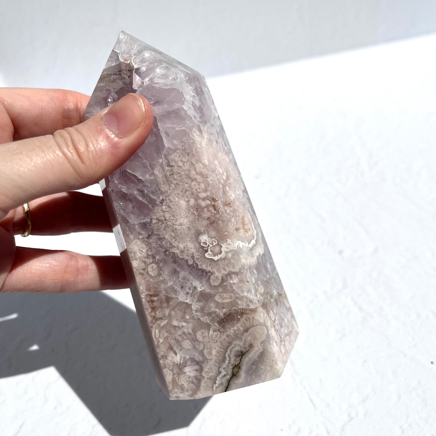 Pink (Sakura) Flower Agate Hexagon Point with Quartz / 591g