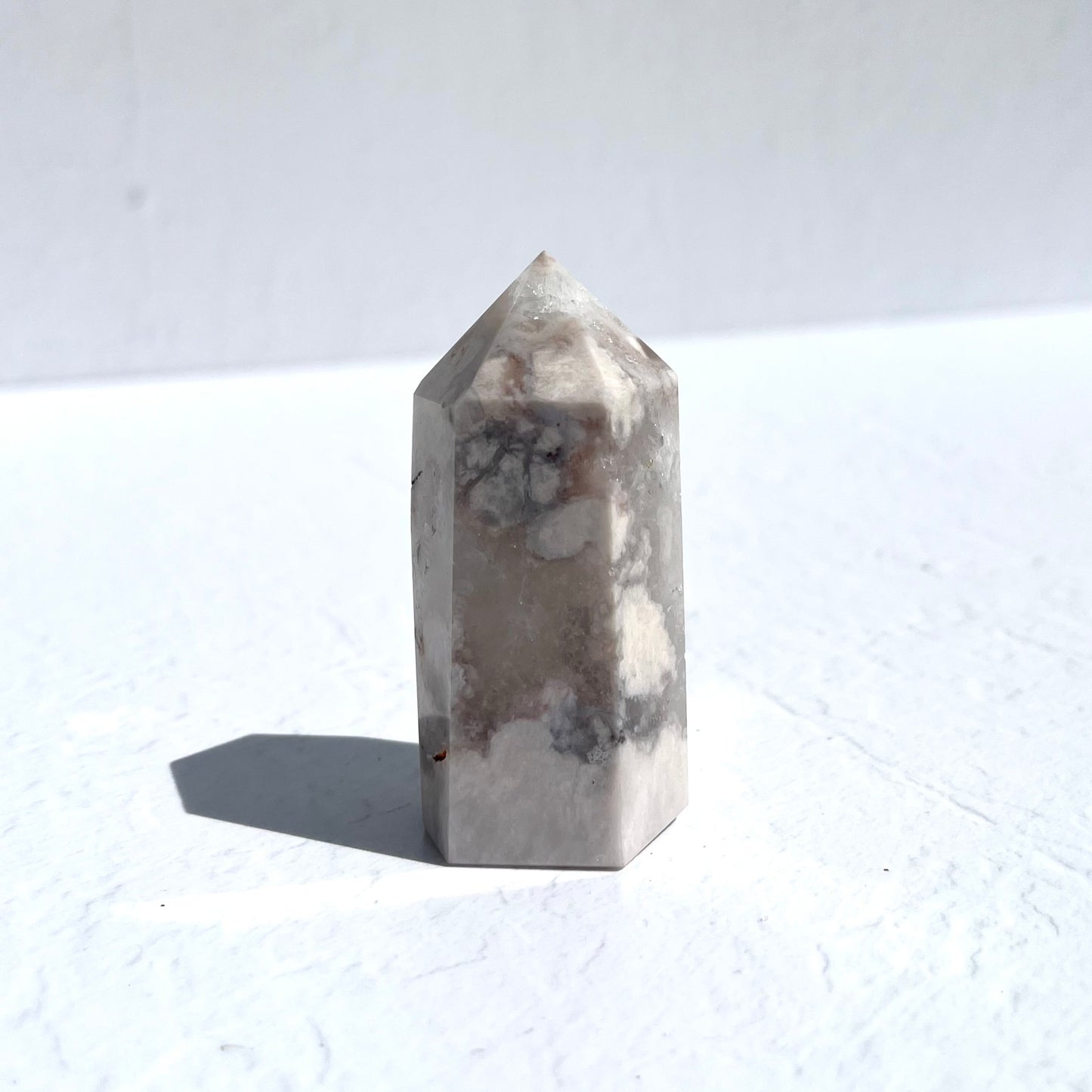 Pink (Sakura) Flower Agate Hexagon Point with Quartz / 118g