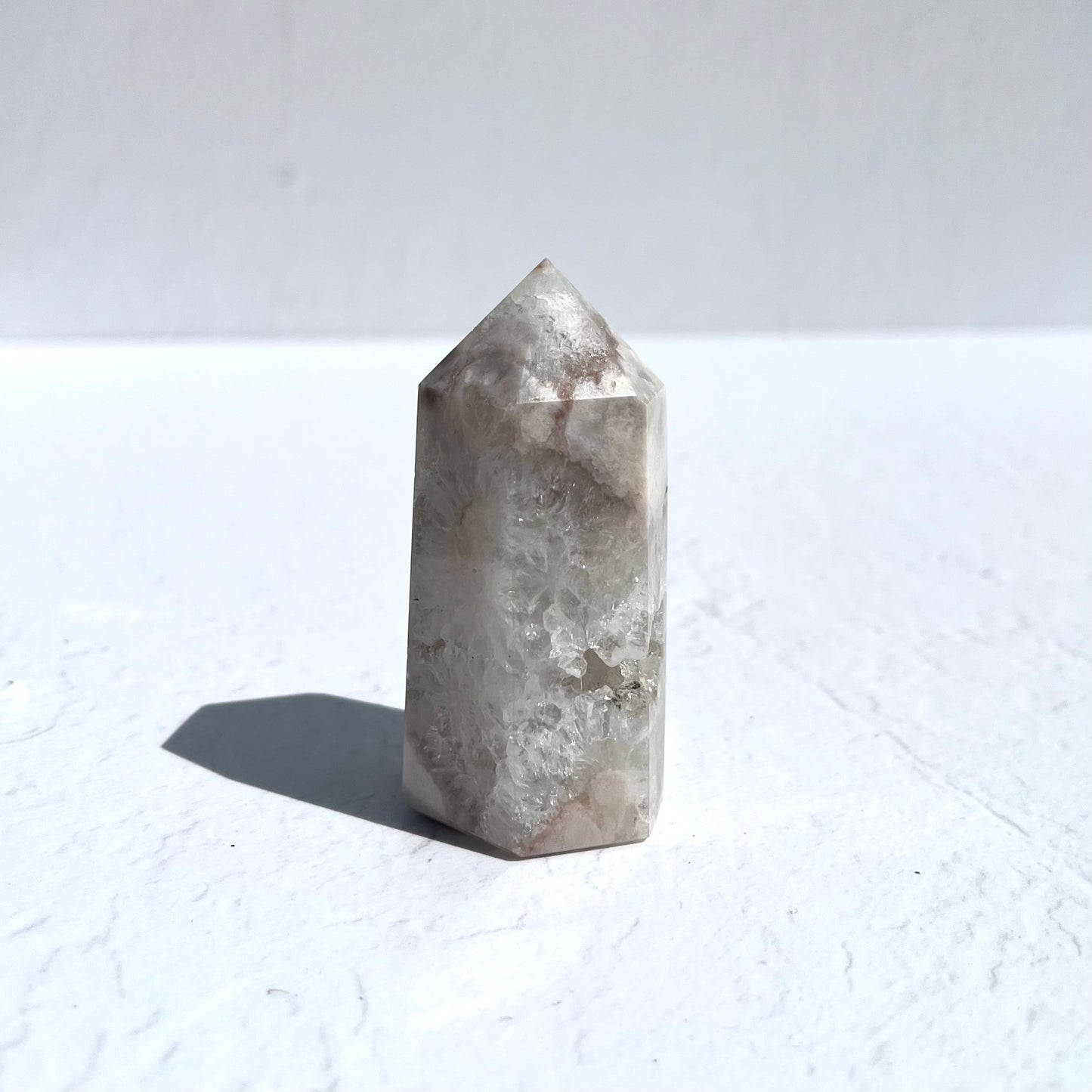 Pink (Sakura) Flower Agate Hexagon Point with Quartz / 118g