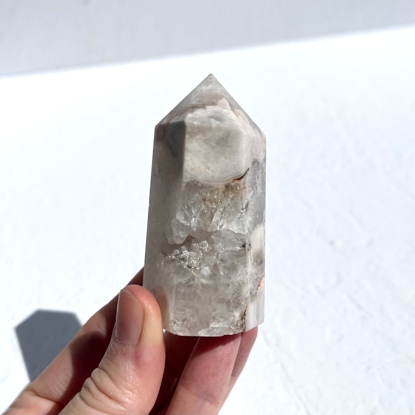 Pink (Sakura) Flower Agate Hexagon Point with Quartz / 118g