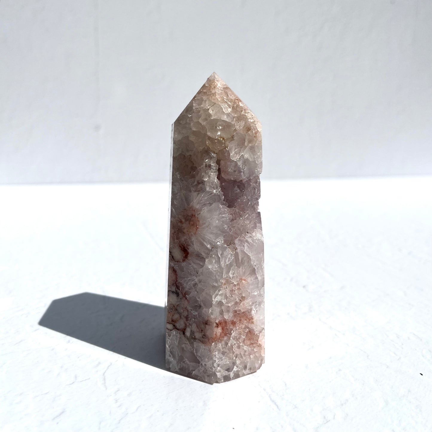Gemmy Pink Amethyst & Flower Agate Hexagon Point with Quartz / 457g