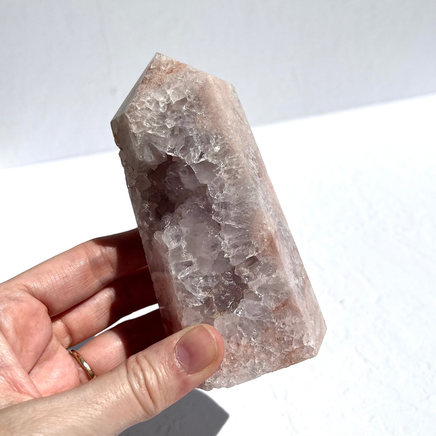 Gemmy Pink Amethyst & Flower Agate Hexagon Point with Quartz / 457g