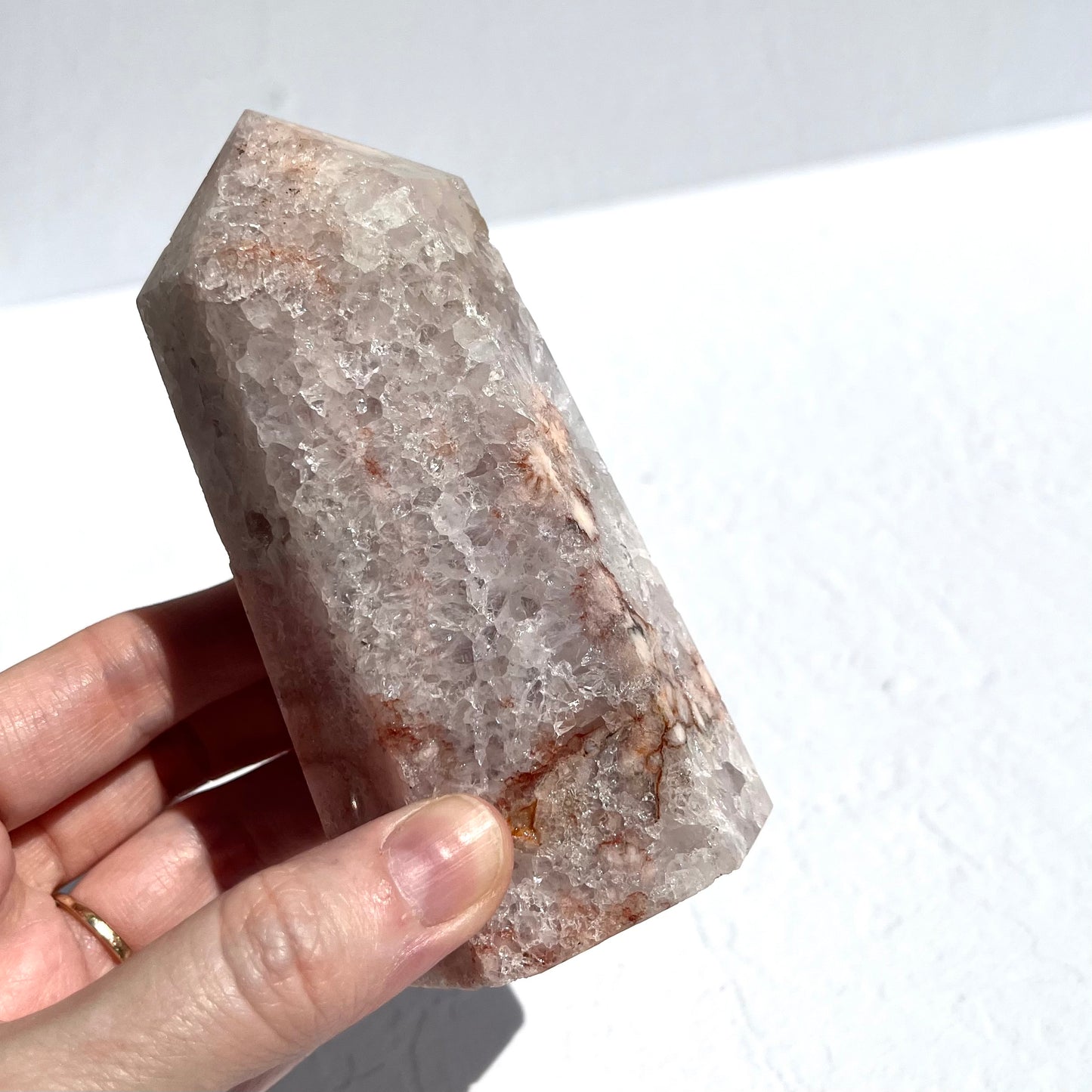 Gemmy Pink Amethyst & Flower Agate Hexagon Point with Quartz / 457g