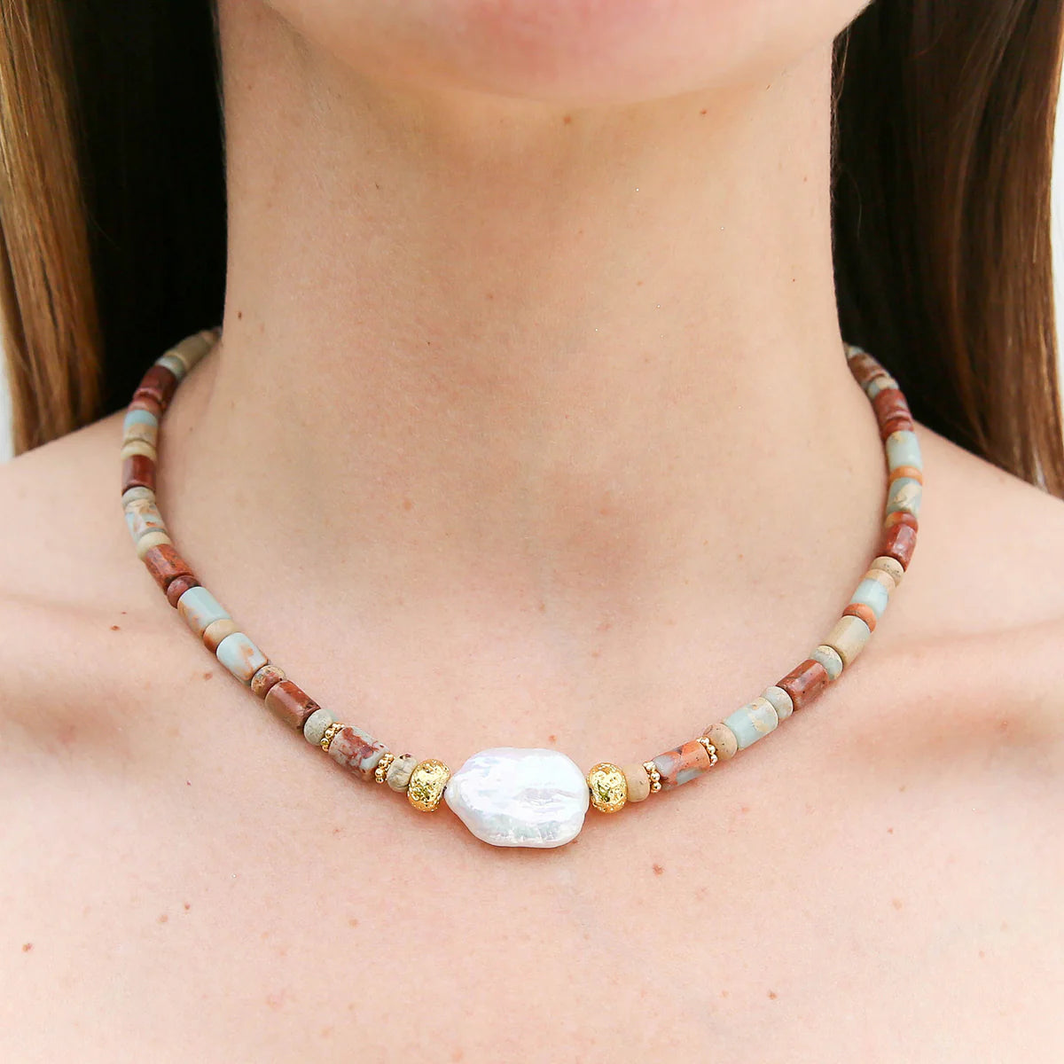 Shoushan Stone & Keshi Necklace