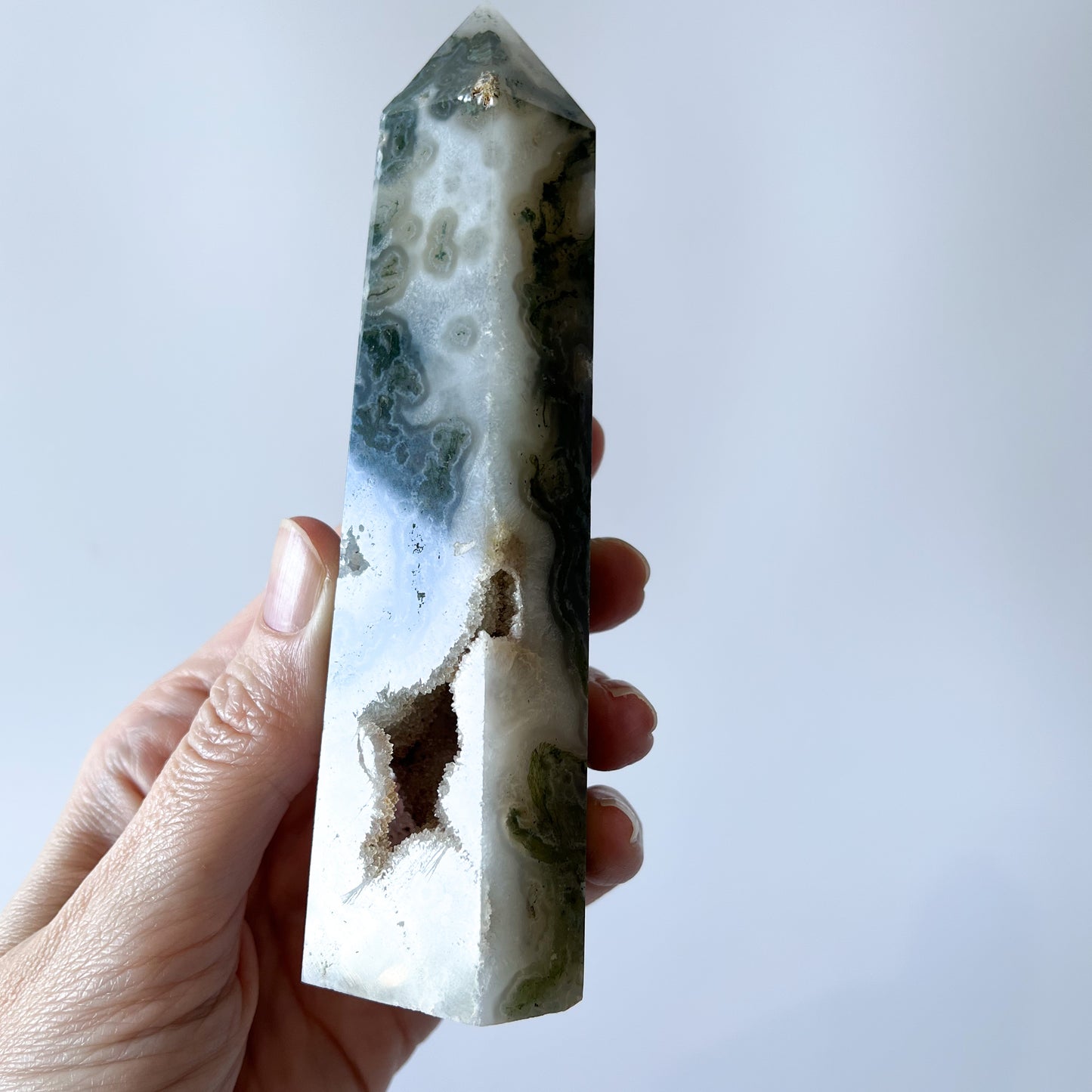 Moss Agate Point with Druzy / 233g