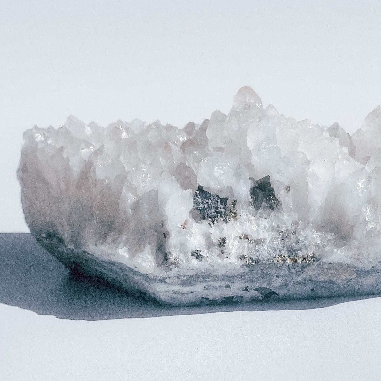 Clear Quartz Specimen Cluster with Pyrite Inclusions & Amethyst pockets / 776g