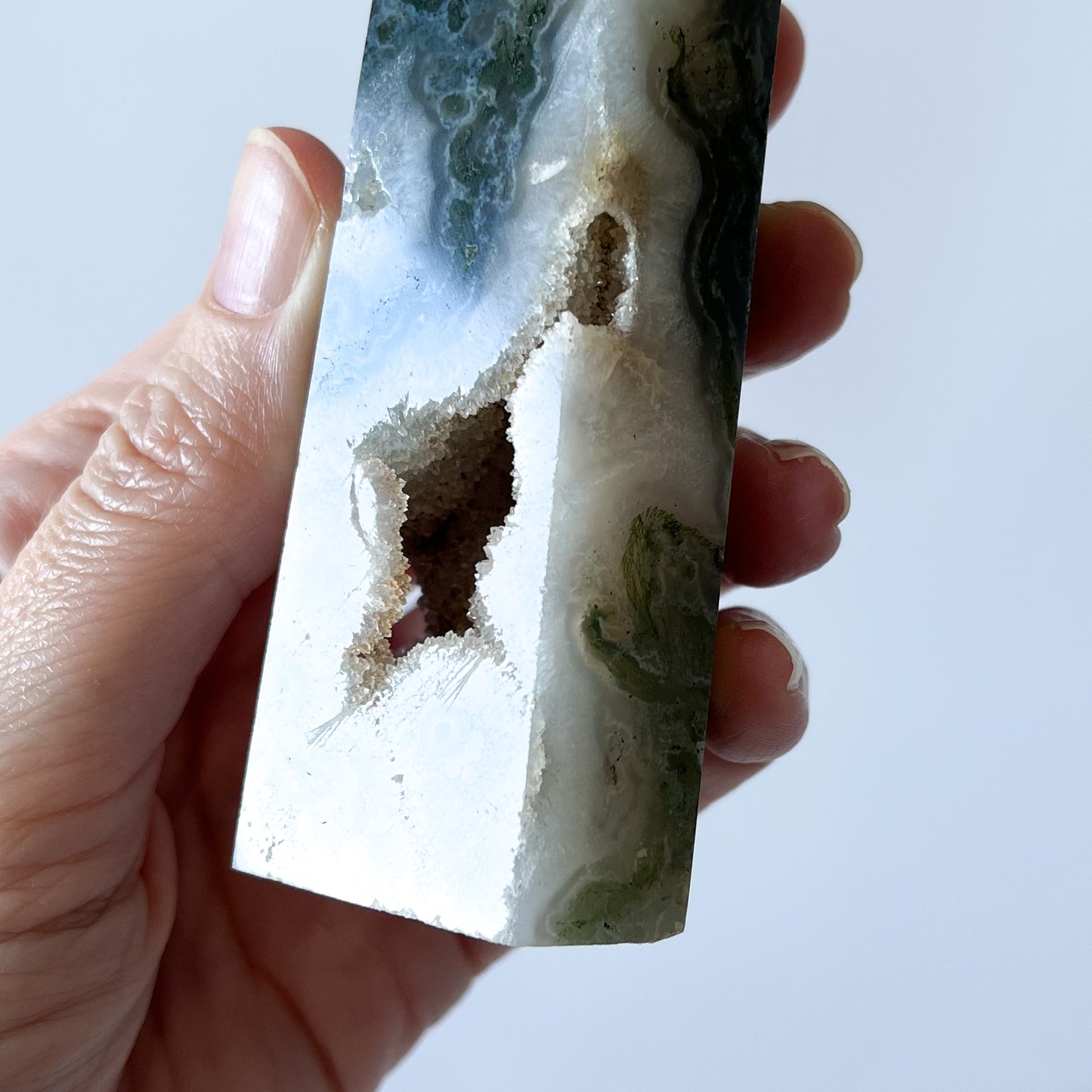 Moss Agate Point with Druzy / 233g