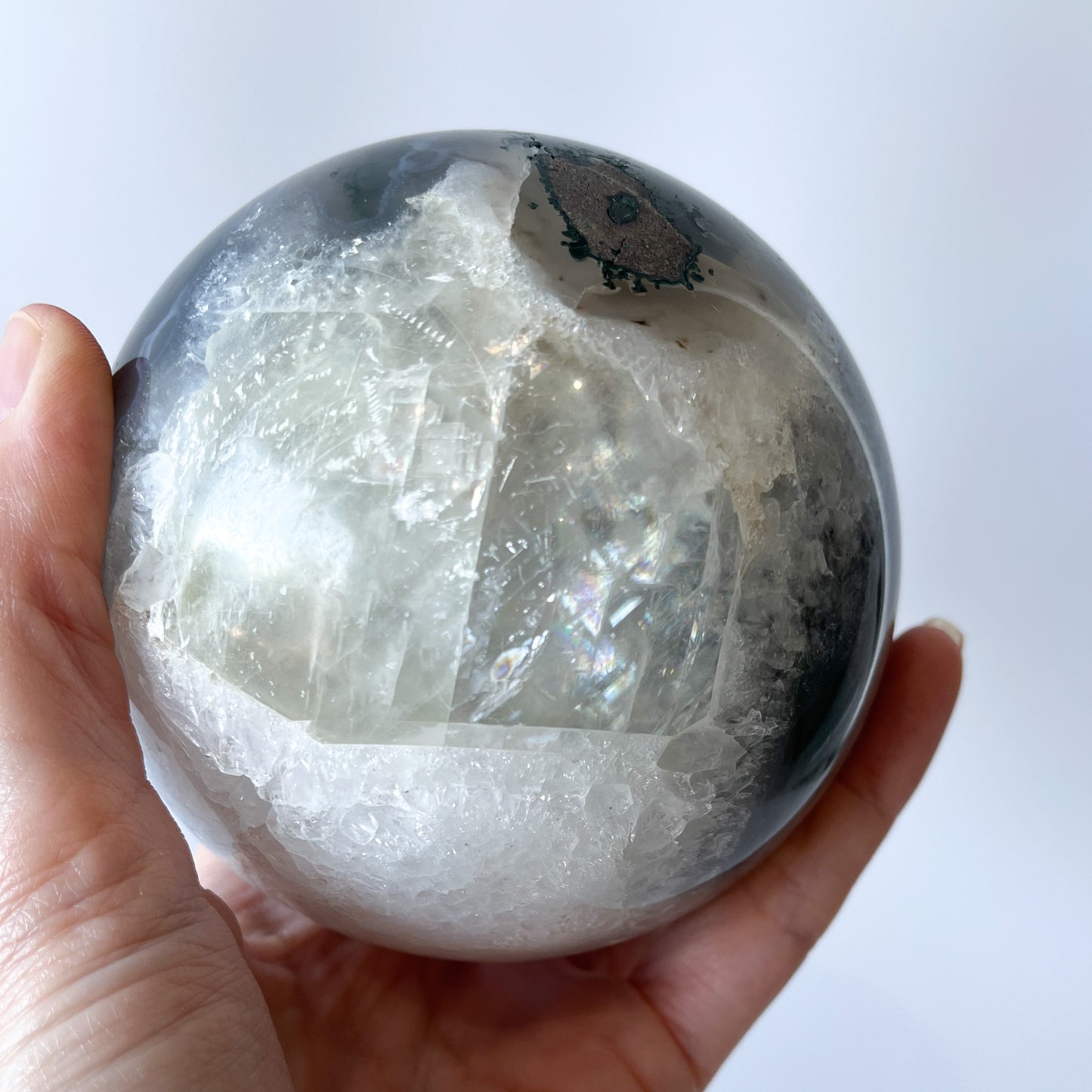 Moss Agate Sphere with Optical Calcite / 1.27kg