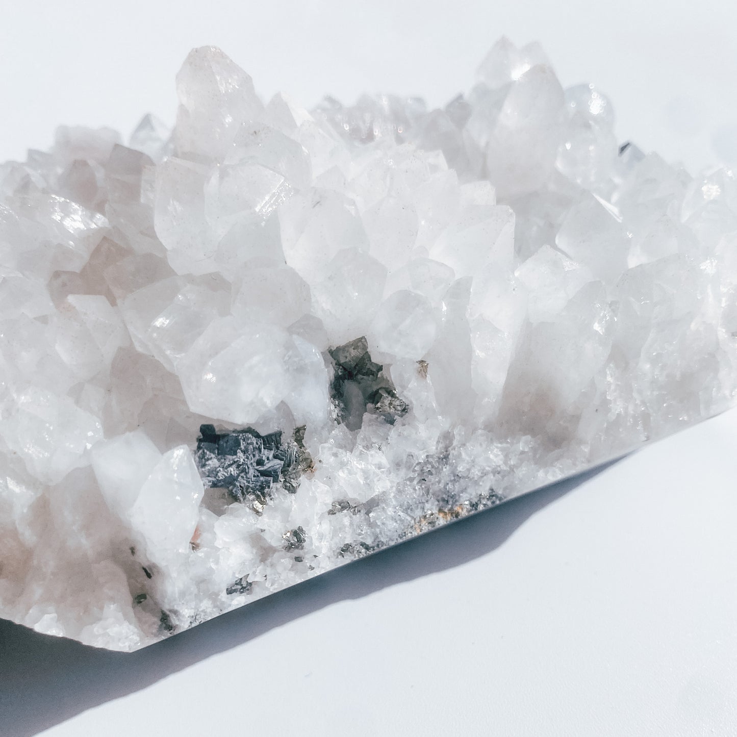 Clear Quartz Specimen Cluster with Pyrite Inclusions & Amethyst pockets / 776g