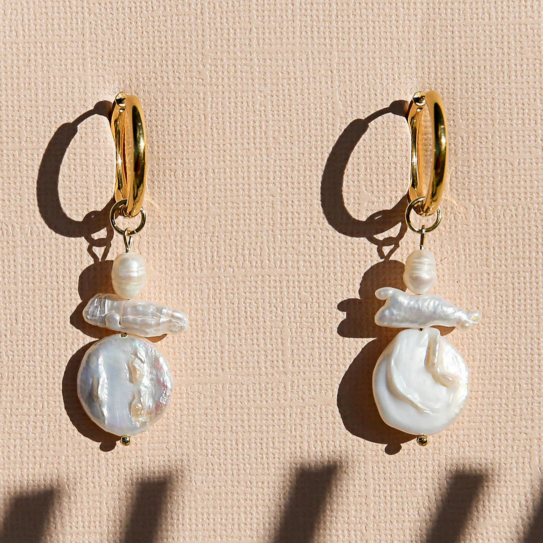 Gold Pearl Huggie Hoops