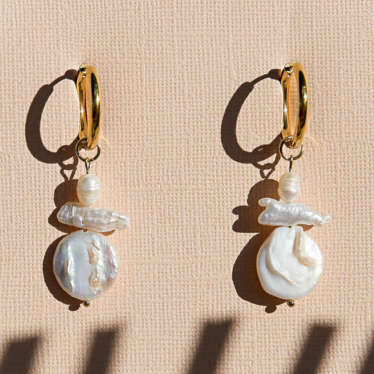 Gold Pearl Huggie Hoops