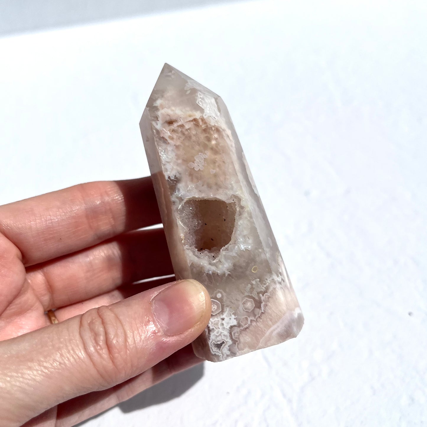 Pink (Sakura) Flower Agate Point with Sparkly Druzy / 130g