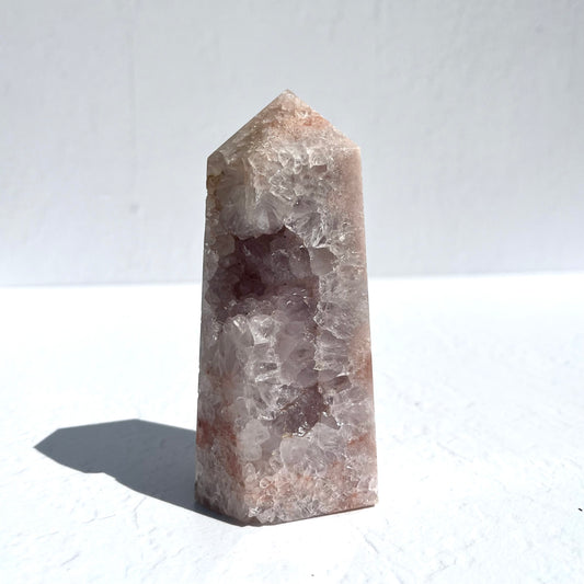 Gemmy Pink Amethyst & Flower Agate Hexagon Point with Quartz / 457g