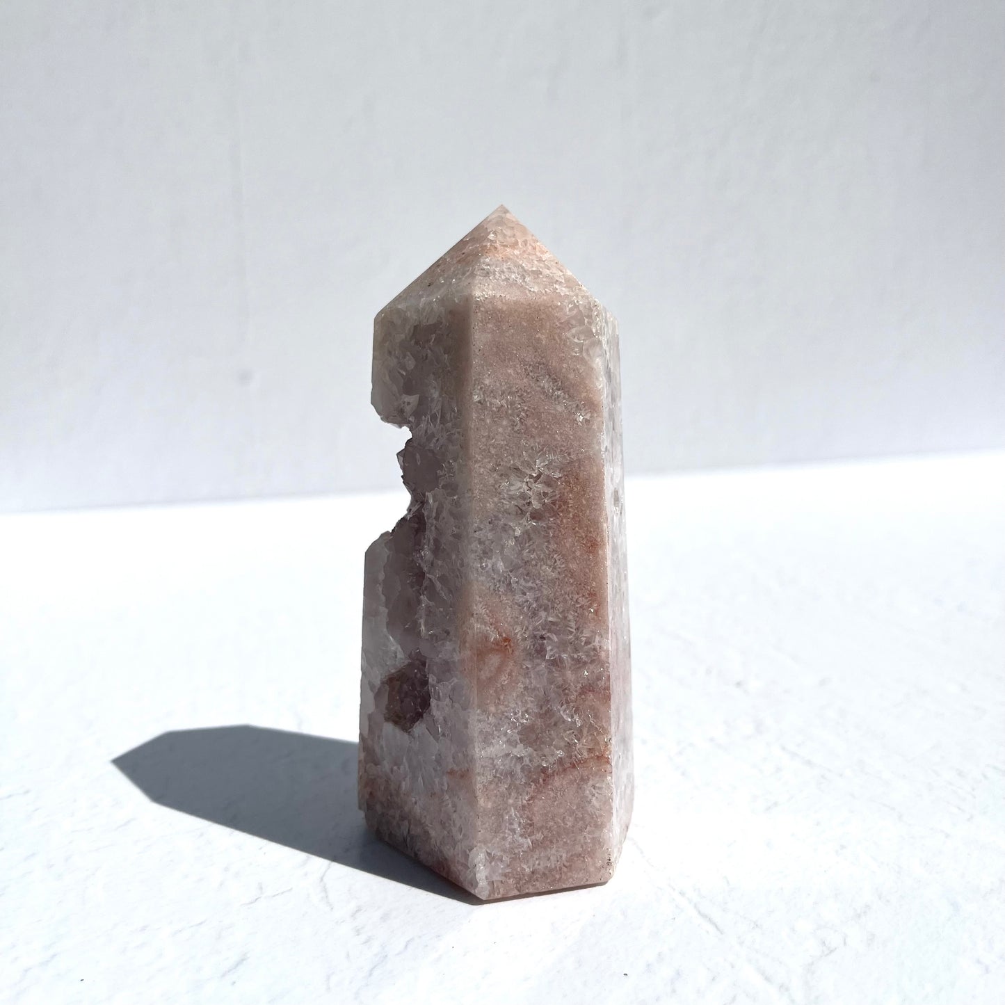 Gemmy Pink Amethyst & Flower Agate Hexagon Point with Quartz / 457g