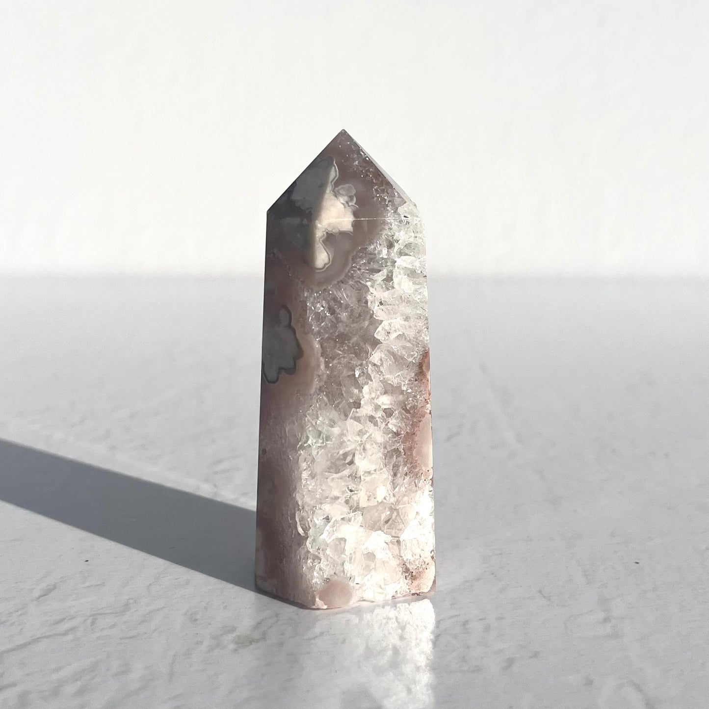 Pink (Sakura) Flower Agate Hexagon Point with Quartz / 139g