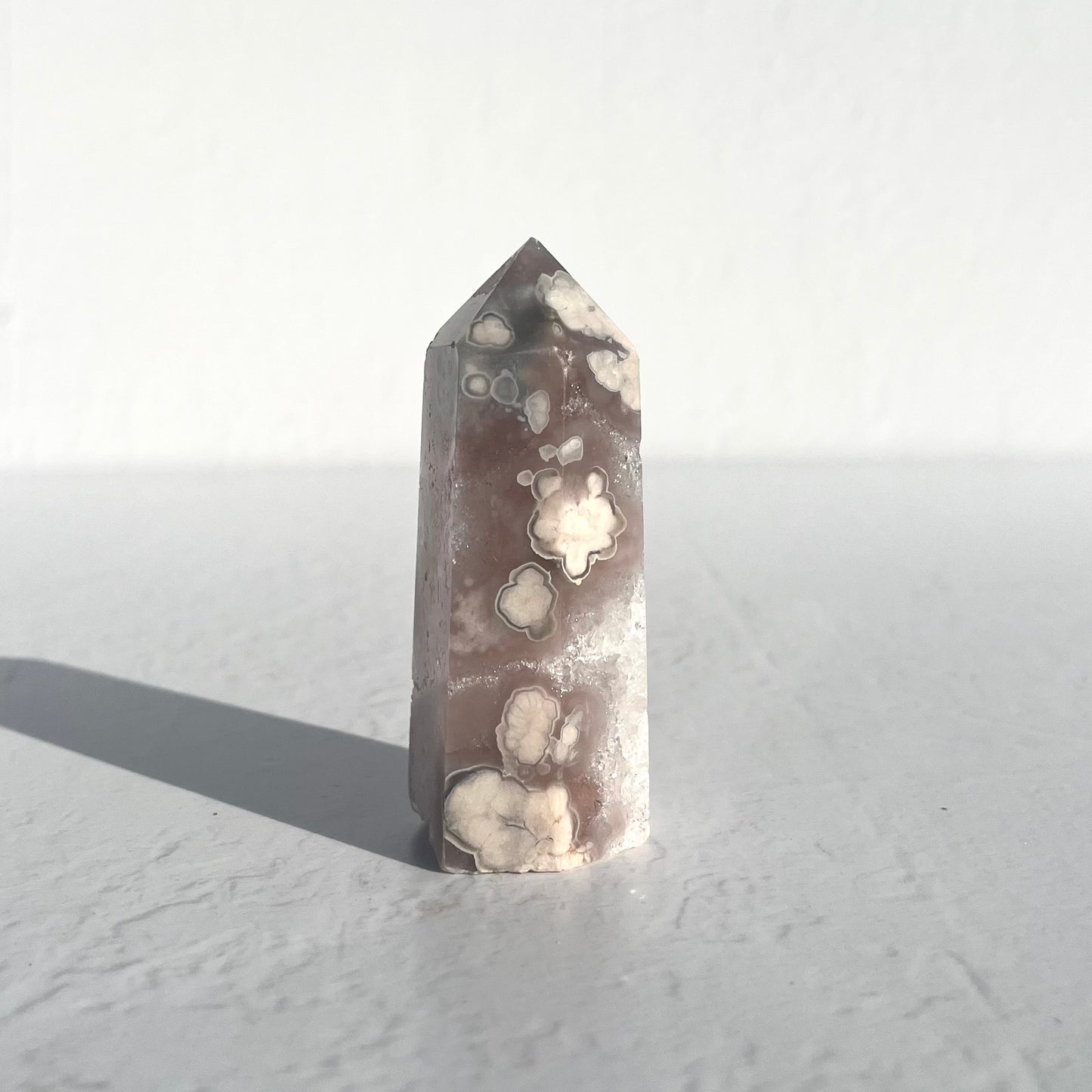 Pink (Sakura) Flower Agate Hexagon Point with Quartz / 139g