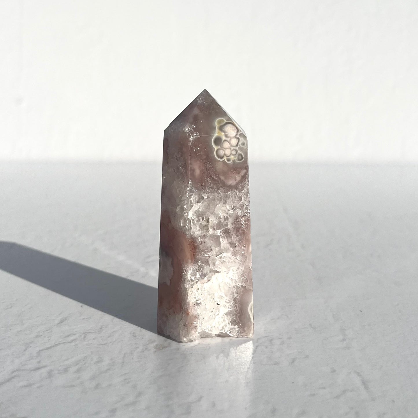 Pink (Sakura) Flower Agate Hexagon Point with Quartz / 139g