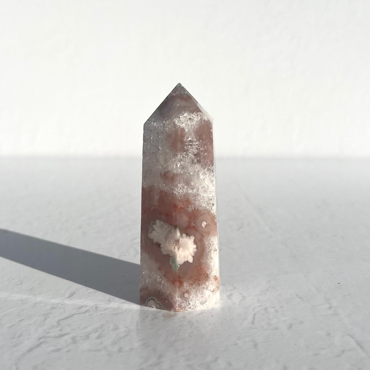 Pink (Sakura) Flower Agate Hexagon Point with Quartz / 139g