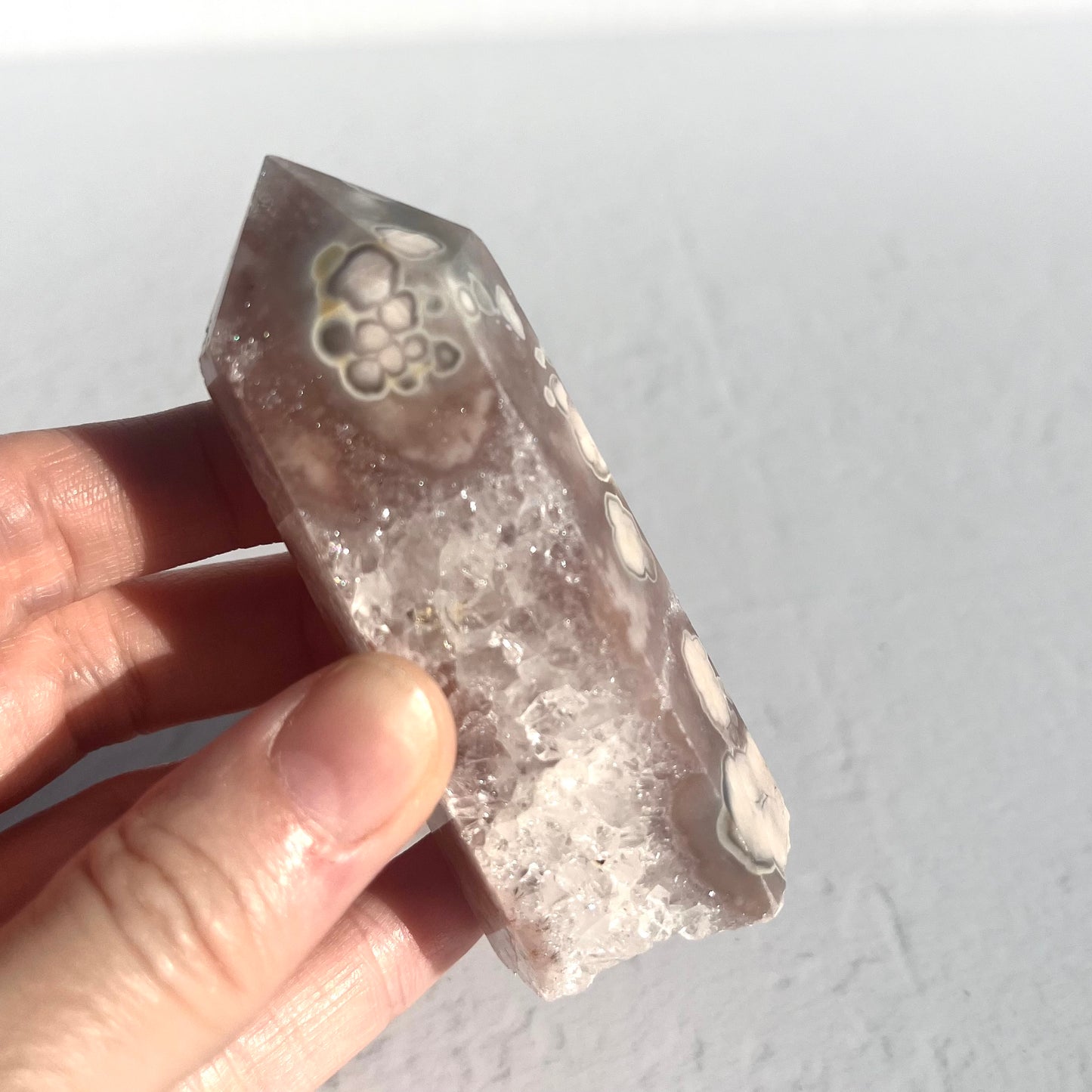 Pink (Sakura) Flower Agate Hexagon Point with Quartz / 139g