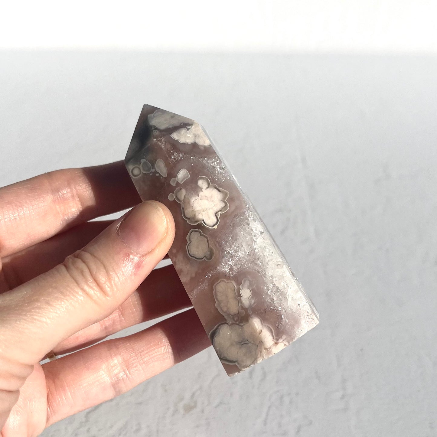 Pink (Sakura) Flower Agate Hexagon Point with Quartz / 139g