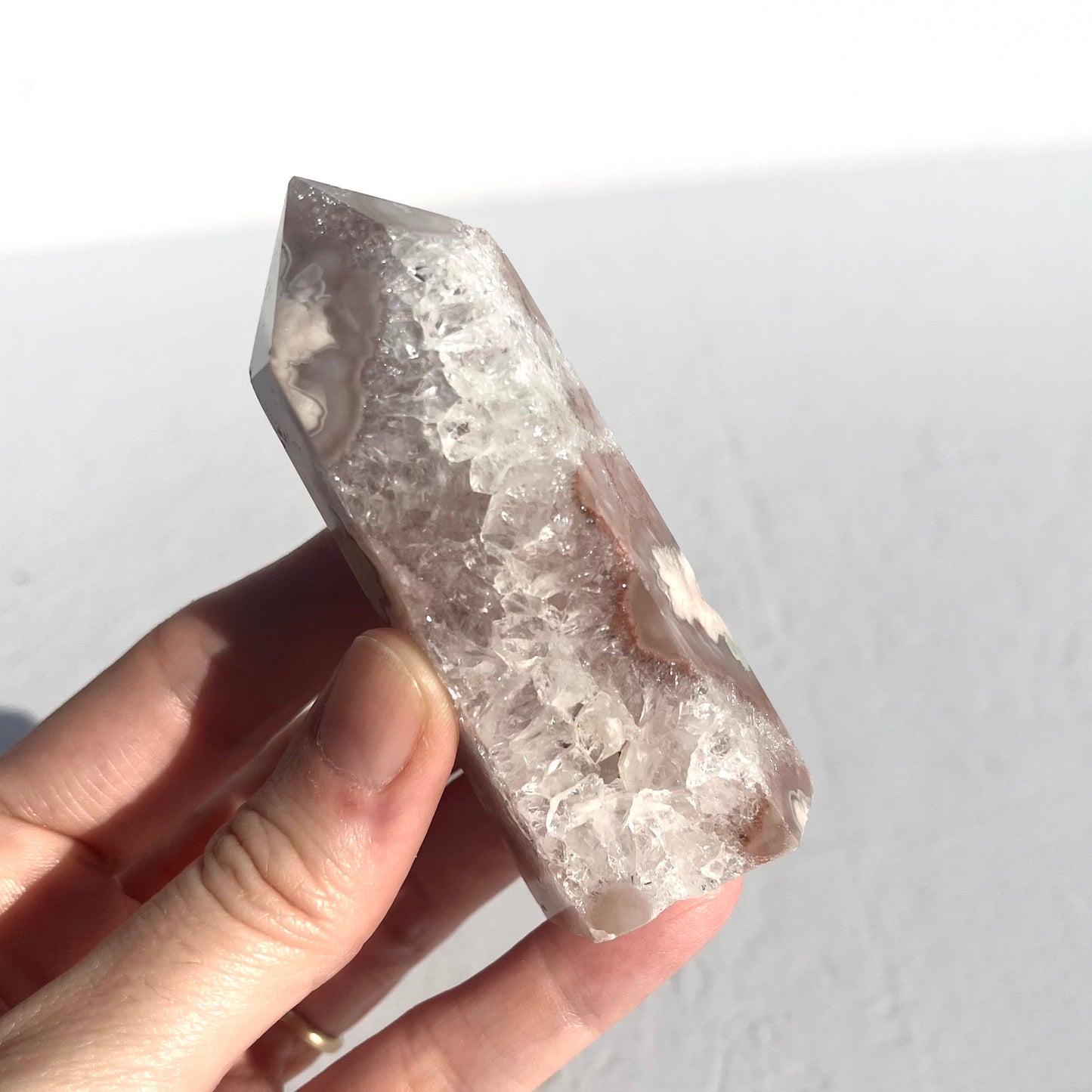 Pink (Sakura) Flower Agate Hexagon Point with Quartz / 139g