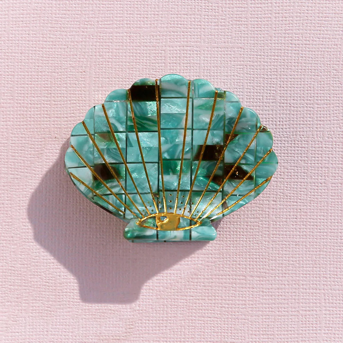 Teal Check Shell Hair Clip (small)