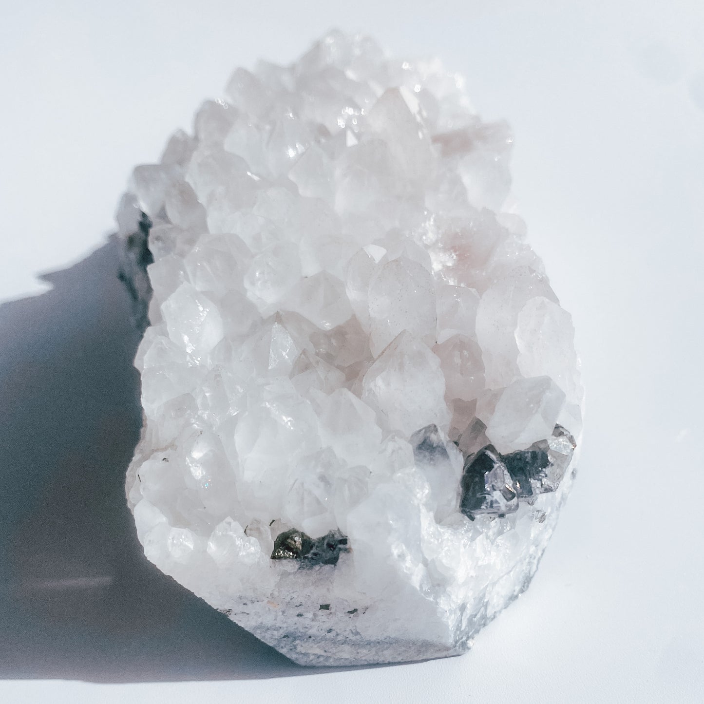 Clear Quartz Specimen Cluster with Pyrite Inclusions & Amethyst pockets / 776g