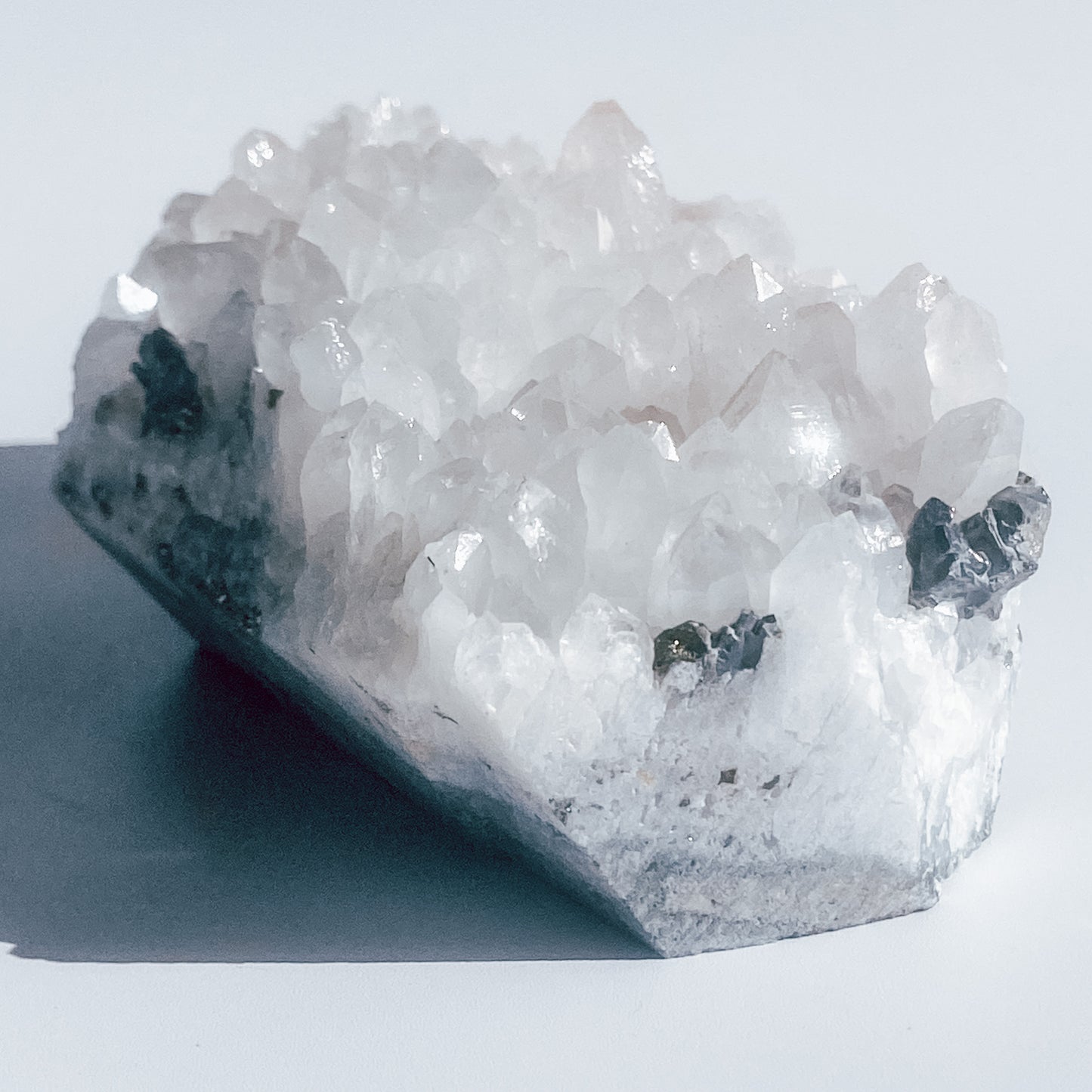 Clear Quartz Specimen Cluster with Pyrite Inclusions & Amethyst pockets / 776g