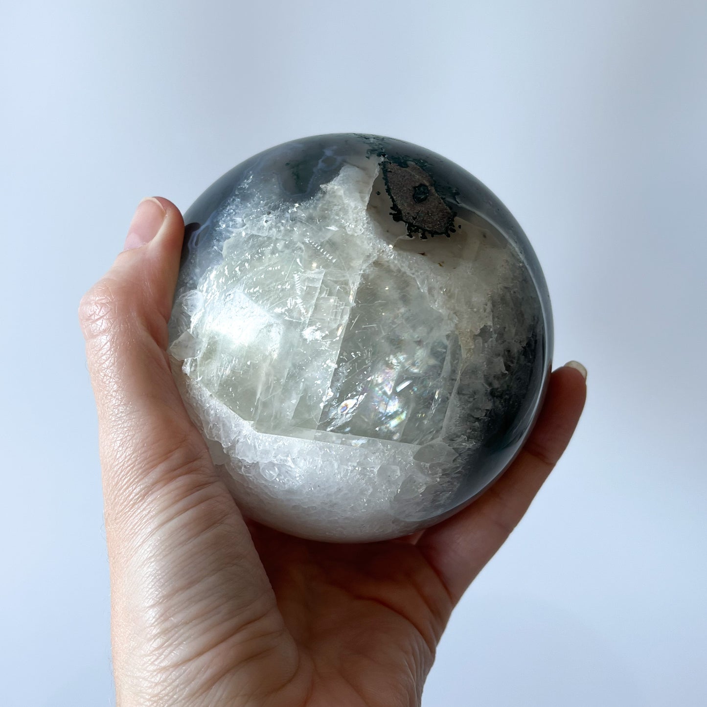 Moss Agate Sphere with Optical Calcite / 1.27kg