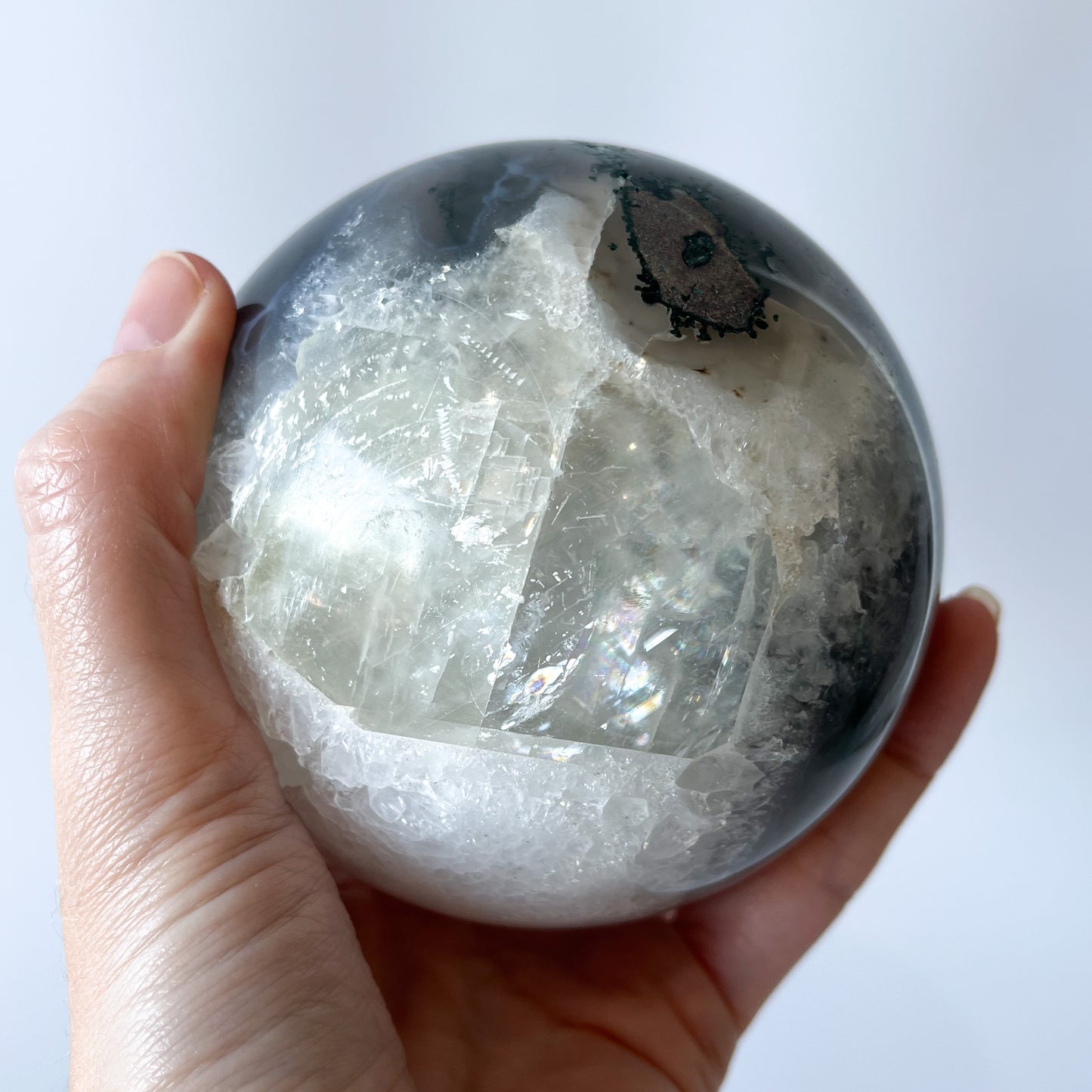 Moss Agate Sphere with Optical Calcite / 1.27kg