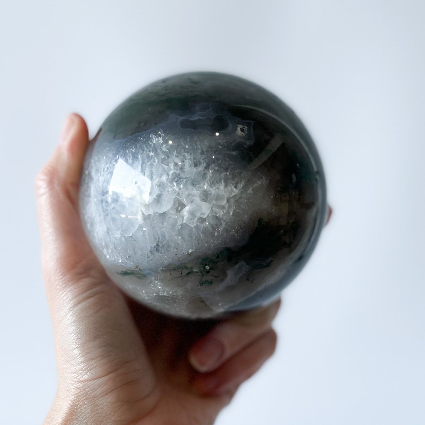 Moss Agate Sphere with Optical Calcite / 1.27kg