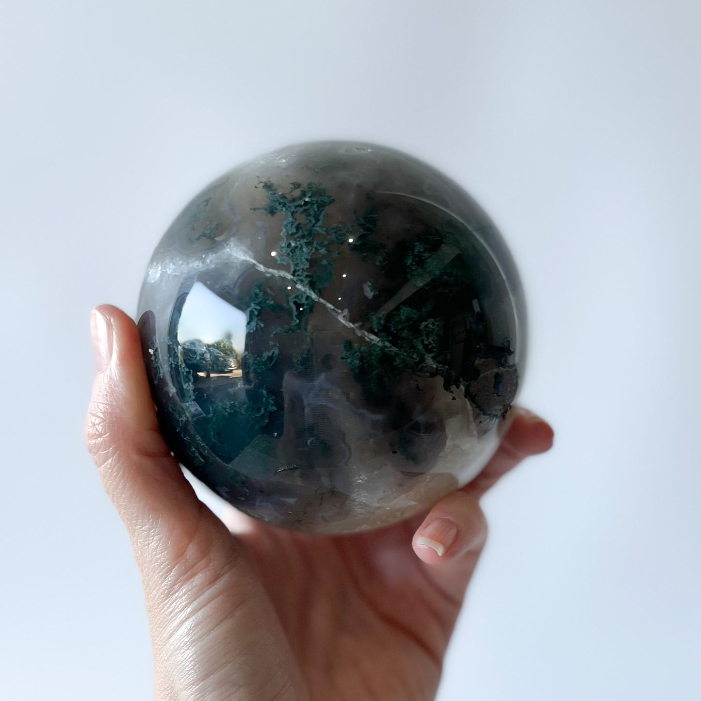 Moss Agate Sphere with Optical Calcite / 1.27kg
