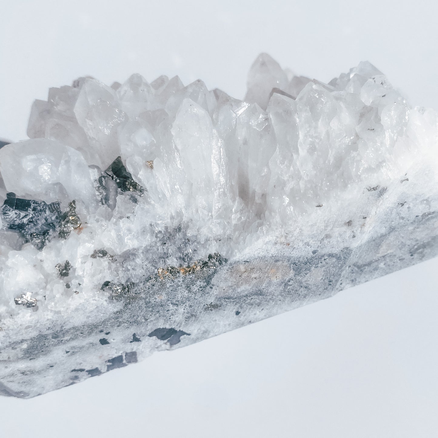 Clear Quartz Specimen Cluster with Pyrite Inclusions & Amethyst pockets / 776g