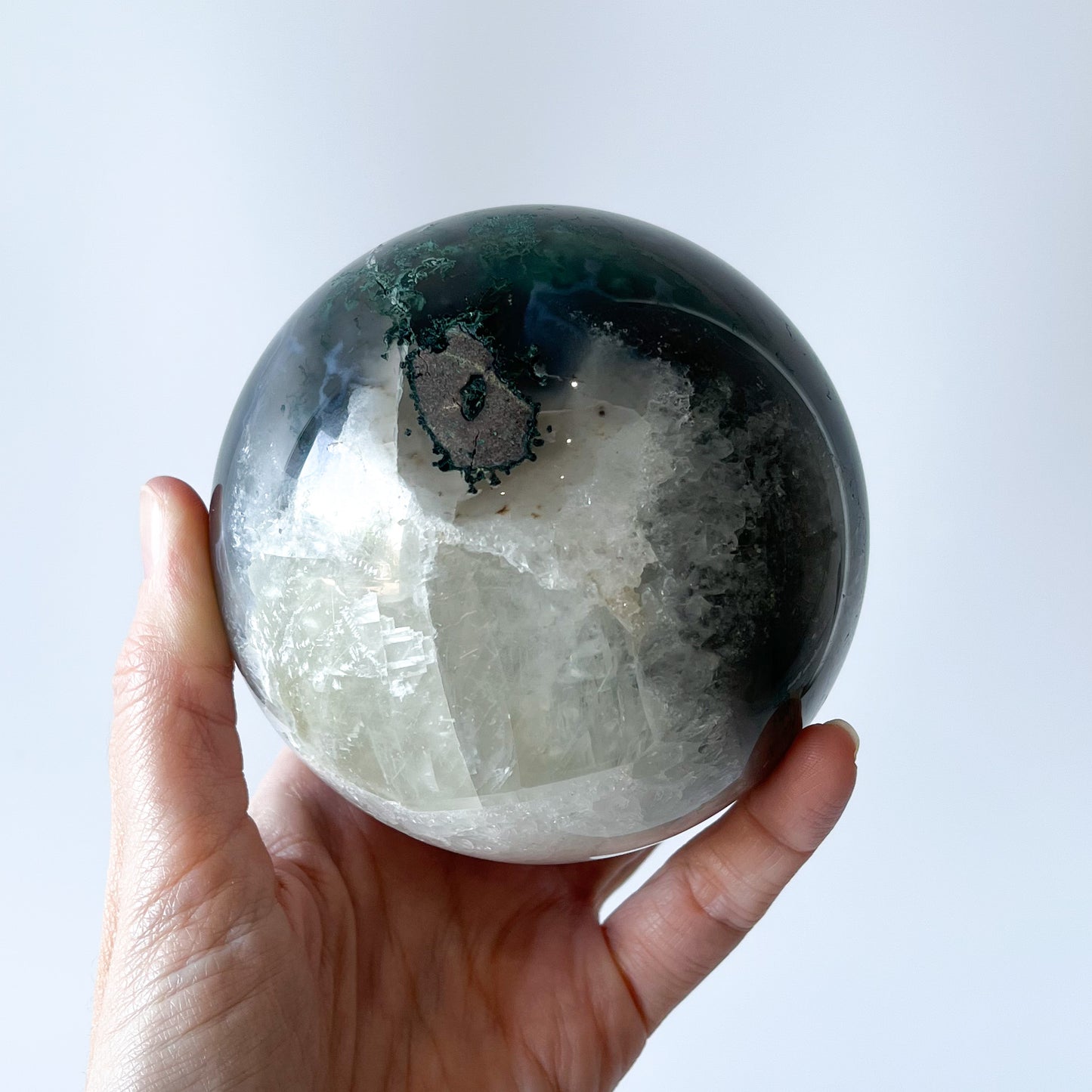 Moss Agate Sphere with Optical Calcite / 1.27kg